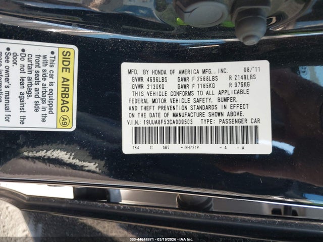 Aukcja sprzedaży 2012 Acura Tl 3.5, vin: 19UUA8F53CA009503, numer aukcji: 44644871