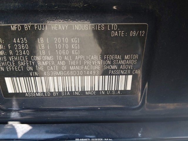 44644879 :رقم المزاد ، 4S3BMBG68D3014493 vin ، 2013 Subaru Legacy 2.5i Premium مزاد بيع