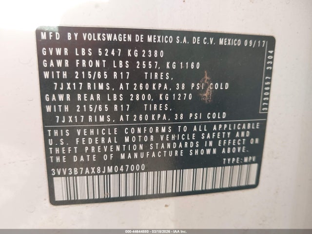 2018 VOLKSWAGEN TIGUAN 3VV3B7AX8JM047000 Photo 8