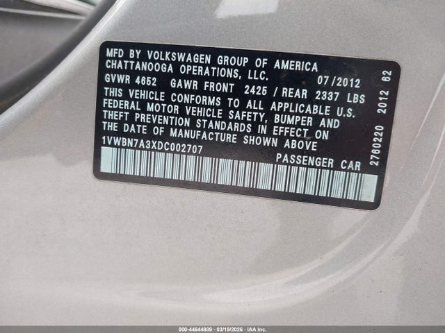 44644889 :رقم المزاد ، 1VWBN7A3XDC002707 vin ، 2013 Volkswagen Passat 2.0l Tdi Se مزاد بيع
