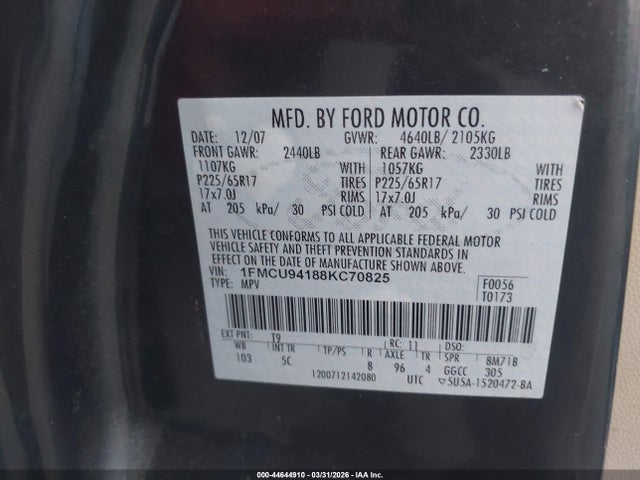 Продажа на аукционе авто 2008 Ford Escape Limited, vin: 1FMCU94188KC70825, номер лота: 44644910