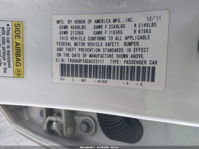 Aukcja sprzedaży 2012 Acura Tl 3.5, vin: 19UUA8F58CA020111, numer aukcji: 44644917