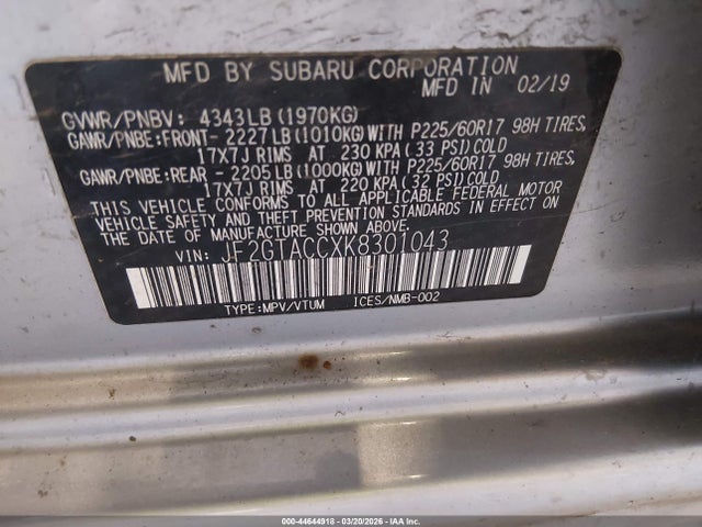 Aukcja sprzedaży 2019 Subaru Crosstrek 2.0i Premium, vin: JF2GTACCXK8301043, numer aukcji: 44644918