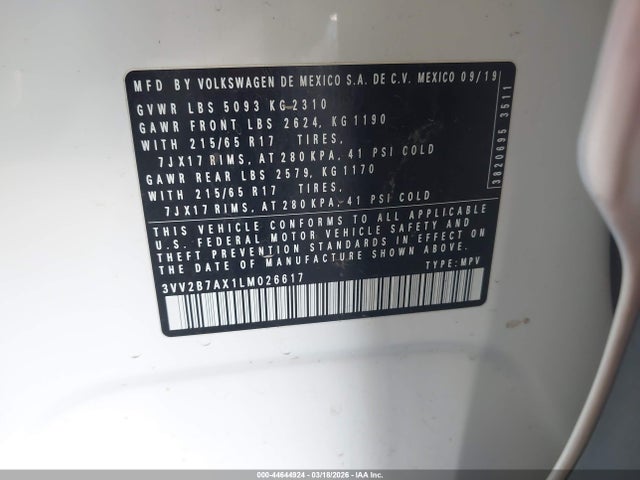 Aukcja sprzedaży 2020 Volkswagen Tiguan 2.0t Se/2.0t Se R-line Black/2.0t Sel, vin: 3VV2B7AX1LM026617, numer aukcji: 44644924