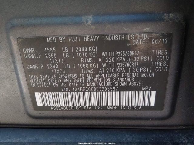 Aukcja sprzedaży 2014 Subaru Outback 2.5i Premium, vin: 4S4BRCCC0E3205597, numer aukcji: 44644955