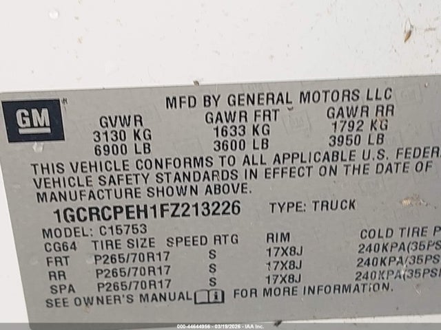 1GCRCPEH1FZ213226 Chevrolet Silverado 1500 Wt