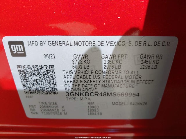 3GNKBCR48MS569954 Chevrolet Blazer Fwd 2lt