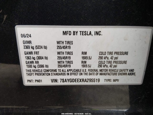 Продаж на аукціоні авто 2024 Tesla Model Y Long Range Dual Motor All-wheel Drive, vin: 7SAYGDEEXRA295519, номер лоту: 44644962
