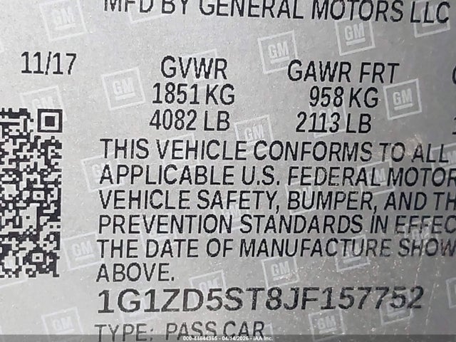 Aukcja sprzedaży 2018 Chevrolet Malibu Lt, vin: 1G1ZD5ST8JF157752, numer aukcji: 44644965