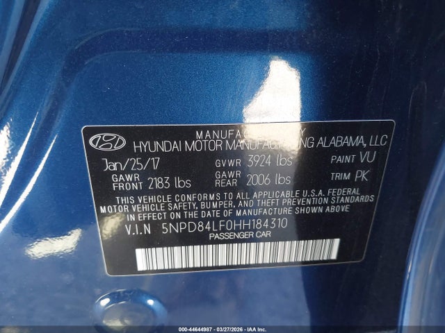 5NPD84LF0HH184310 Hyundai ELANTRA SE