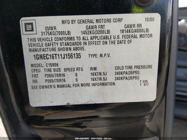 2001 CHEVROLET SUBURBAN 1500 1GNEC16T11J156135 Photo 8