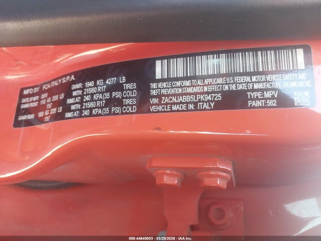 Продажа на аукционе авто 2020 Jeep Renegade Latitude Fwd, vin: ZACNJABB5LPK94725, номер лота: 44645003