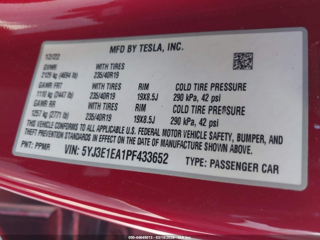 Aukcja sprzedaży 2023 Tesla Model 3 Rear-wheel Drive, vin: 5YJ3E1EA1PF433652, numer aukcji: 44645013