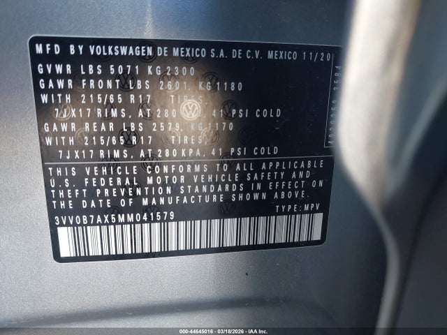2021 VOLKSWAGEN TIGUAN 3VV0B7AX5MM041579 Photo 8