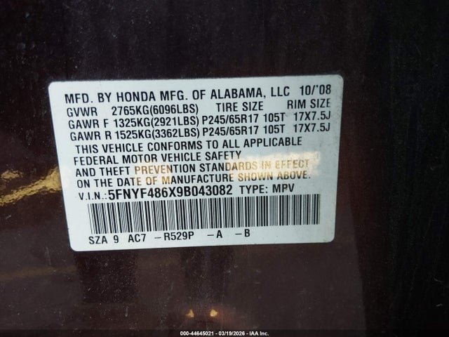 2009 Honda Pilot Ex-l მანქანა იყიდება აუქციონზე, vin: 5FNYF486X9B043082, აუქციონის ნომერი: 44645021