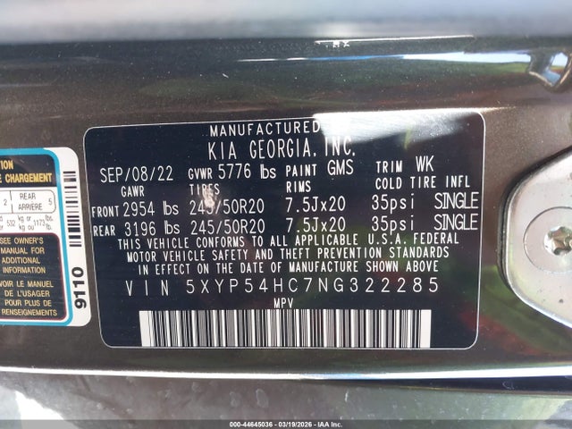 2022 Kia Telluride Sx მანქანა იყიდება აუქციონზე, vin: 5XYP54HC7NG322285, აუქციონის ნომერი: 44645036