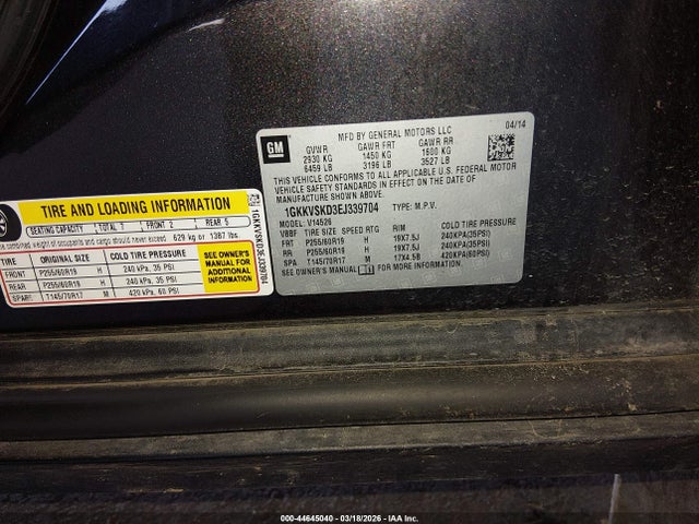 44645040 :رقم المزاد ، 1GKKVSKD3EJ339704 vin ، 2014 Gmc Acadia Slt-2 مزاد بيع