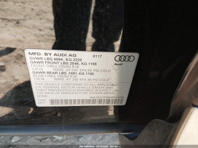 Продаж на аукціоні авто 2017 Audi Q3 2.0t Premium, vin: WA1ECCFS6HR014395, номер лоту: 44645042