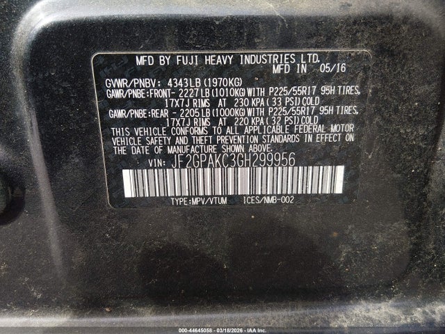 44645058 :رقم المزاد ، JF2GPAKC3GH299956 vin ، 2016 Subaru Crosstrek 2.0i Limited مزاد بيع