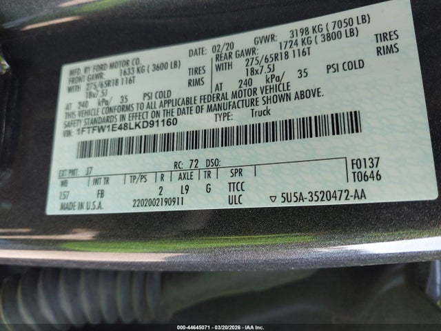 44645071 :رقم المزاد ، 1FTFW1E48LKD91160 vin ، 2020 Ford F-150 Xlt مزاد بيع