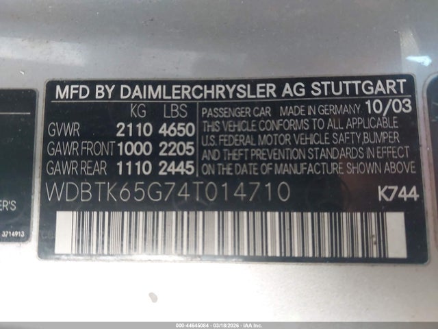 Aukcja sprzedaży 2004 Mercedes-benz Clk 320, vin: WDBTK65G74T014710, numer aukcji: 44645084