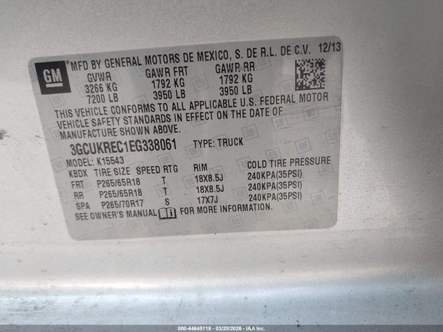 2014 Chevrolet Silverado 1500 2lt მანქანა იყიდება აუქციონზე, vin: 3GCUKREC1EG338061, აუქციონის ნომერი: 44645118