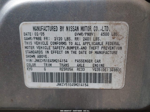 Aukcja sprzedaży 2005 Infiniti G35, vin: JNKCV51E45M214154, numer aukcji: 44645147