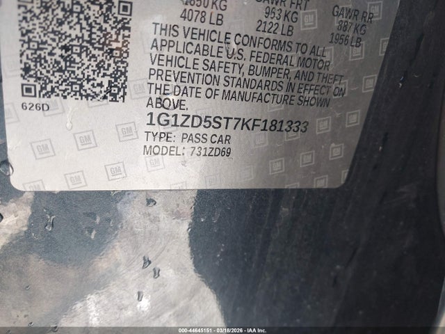 Продаж на аукціоні авто 2019 Chevrolet Malibu Lt, vin: 1G1ZD5ST7KF181333, номер лоту: 44645151