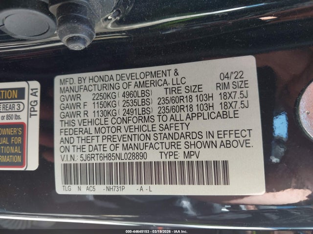44645153 :رقم المزاد ، 5J6RT6H85NL028890 vin ، 2022 Honda Cr-v Hybrid Ex-l مزاد بيع