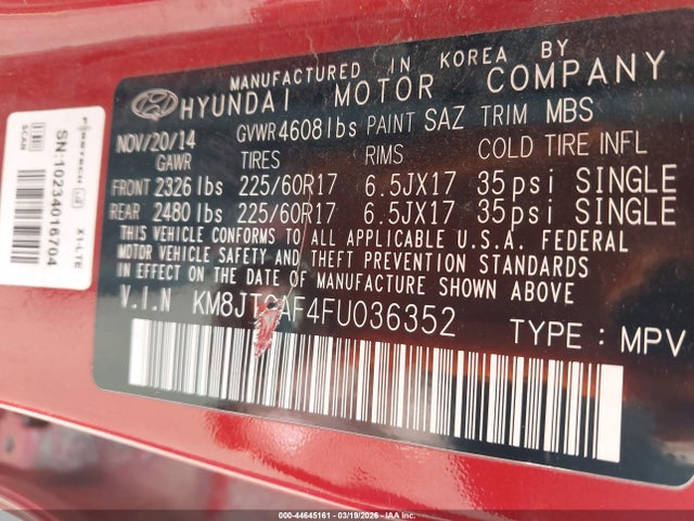 44645161 :رقم المزاد ، KM8JTCAF4FU036352 vin ، 2015 Hyundai Tucson Gls مزاد بيع
