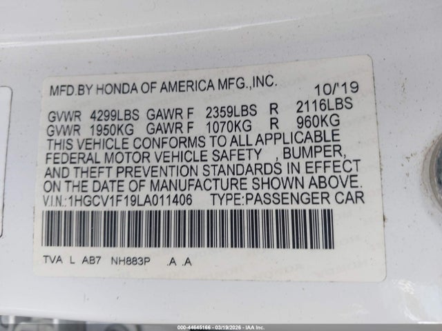 Продажа на аукционе авто 2020 Honda Accord Lx, vin: 1HGCV1F19LA011406, номер лота: 44645166