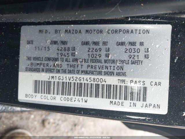 44645193 :رقم المزاد ، JM1GJ1V52G1458004 vin ، 2016 Mazda Mazda6 I Touring مزاد بيع