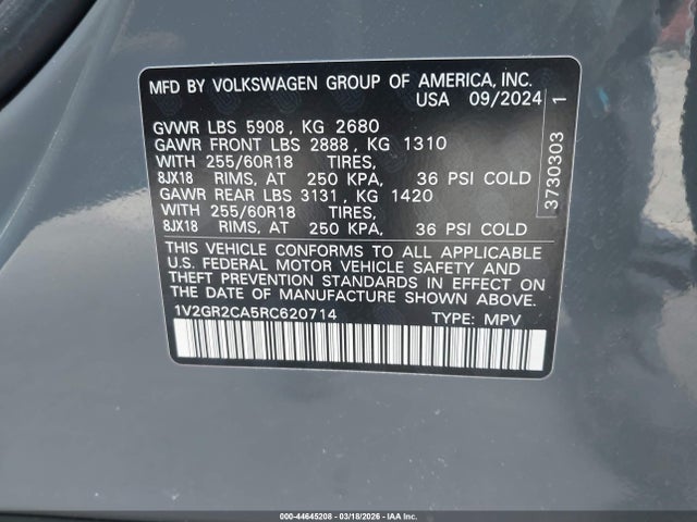 44645208 :رقم المزاد ، 1V2GR2CA5RC620714 vin ، 2024 Volkswagen Atlas 2.0t Peak Edition Sel مزاد بيع