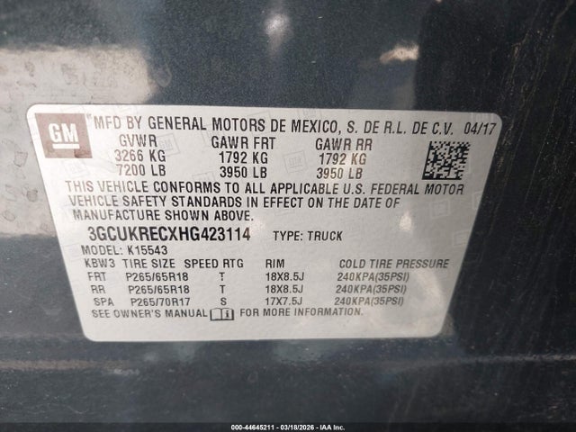 3GCUKRECXHG423114 Chevrolet Silverado 1500 2lt
