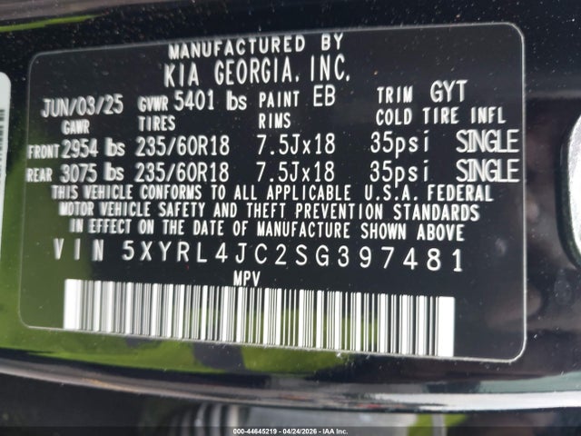 Aukcja sprzedaży 2025 Kia Sorento S, vin: 5XYRL4JC2SG397481, numer aukcji: 44645219