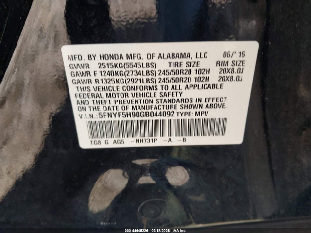 Honda Pilot Touring 2016 5FNYF5H90GB044092 Image 9