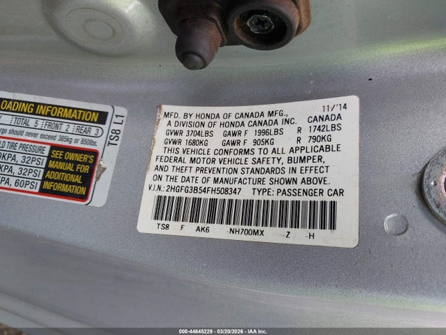 44645229 :رقم المزاد ، 2HGFG3B54FH508347 vin ، 2015 Honda Civic Lx مزاد بيع