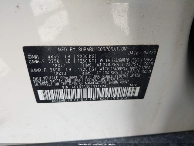 Продажа на аукционе авто 2022 Subaru Outback Limited, vin: 4S4BTANC4N3142491, номер лота: 44645253