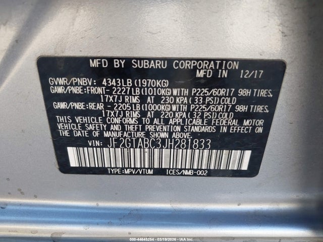 44645254 :رقم المزاد ، JF2GTABC3JH281833 vin ، 2018 Subaru Crosstrek 2.0i Premium مزاد بيع