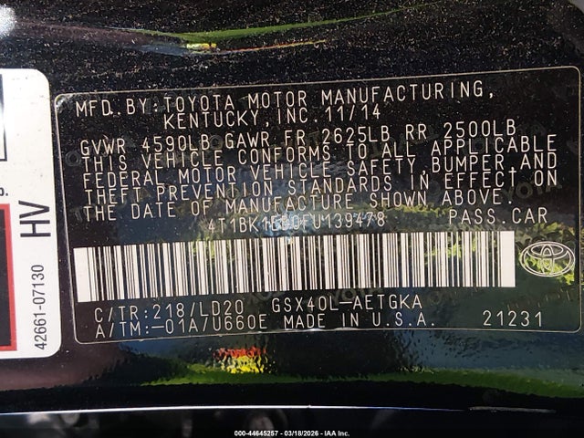 Toyota AVALON XLE 2015 4T1BK1EB0FU139478 Image 9