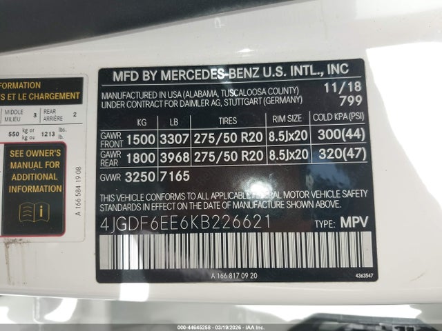 Aukcja sprzedaży 2019 Mercedes-benz Gls 450 4matic, vin: 4JGDF6EE6KB226621, numer aukcji: 44645258
