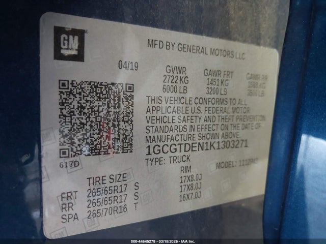 Aukcja sprzedaży 2019 Chevrolet Colorado Z71, vin: 1GCGTDEN1K1303271, numer aukcji: 44645278