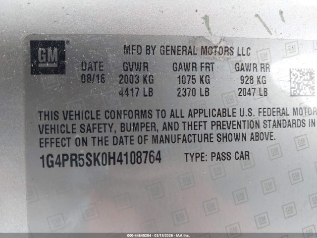 Продаж на аукціоні авто 2017 Buick Verano Sport Touring, vin: 1G4PR5SK0H4108764, номер лоту: 44645284