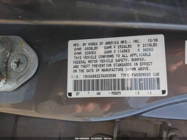 44645286 :رقم المزاد ، 19UUA66227A000596 vin ، 2007 Acura Tl 3.2 مزاد بيع