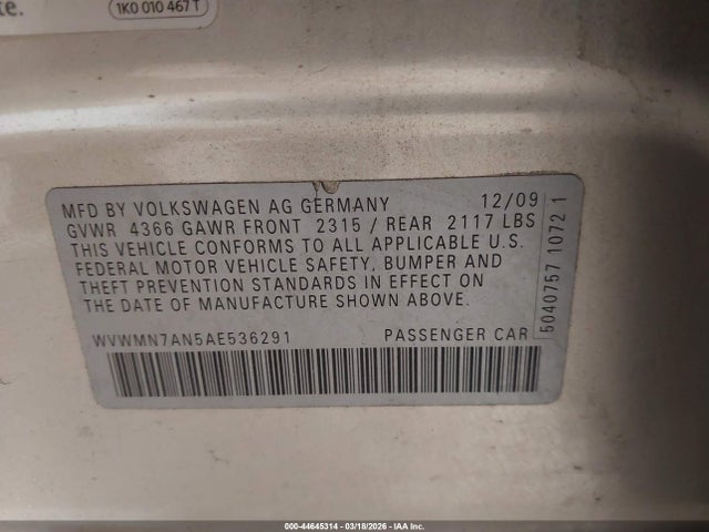 Продажа на аукционе авто 2010 Volkswagen Cc Sport, vin: WVWMN7AN5AE536291, номер лота: 44645314