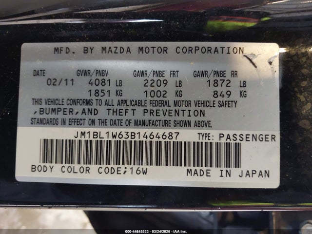 Aukcja sprzedaży 2011 Mazda Mazda3 S Grand Touring, vin: JM1BL1W63B1464687, numer aukcji: 44645323