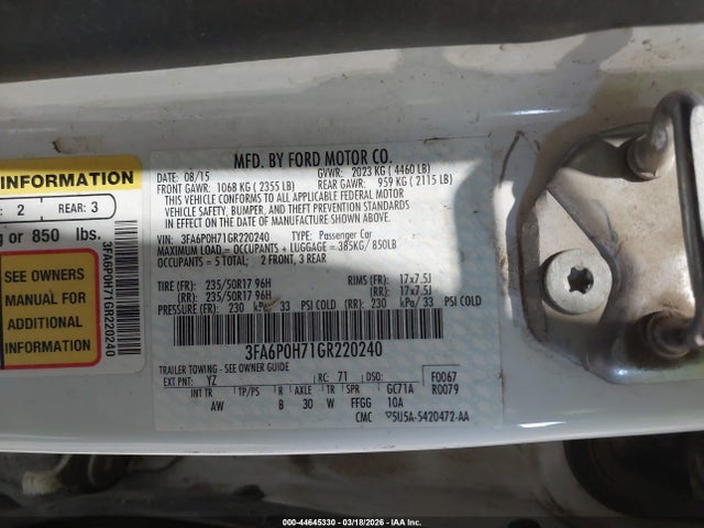 Aukcja sprzedaży 2016 Ford Fusion Se, vin: 3FA6P0H71GR220240, numer aukcji: 44645330