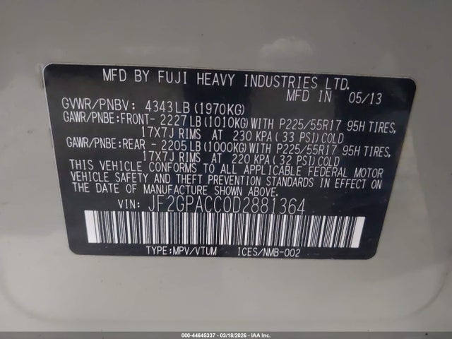 44645337 :رقم المزاد ، JF2GPACC0D2881364 vin ، 2013 Subaru Xv Crosstrek 2.0i Premium مزاد بيع