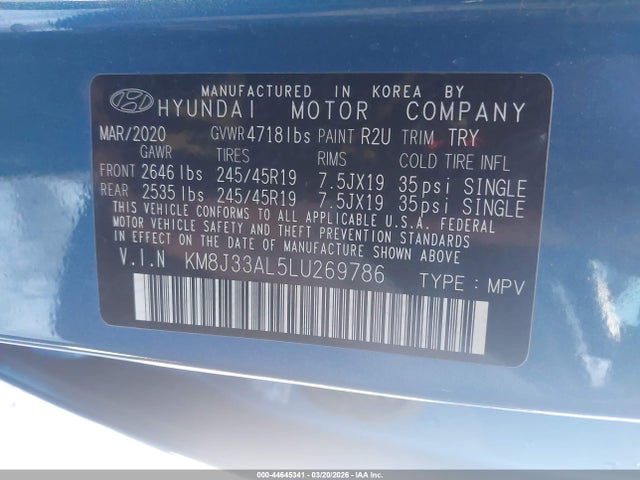Продаж на аукціоні авто 2020 Hyundai Tucson Sport, vin: KM8J33AL5LU269786, номер лоту: 44645341