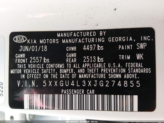 Aukcja sprzedaży 2018 Kia Optima Ex, vin: 5XXGU4L3XJG274855, numer aukcji: 44645342